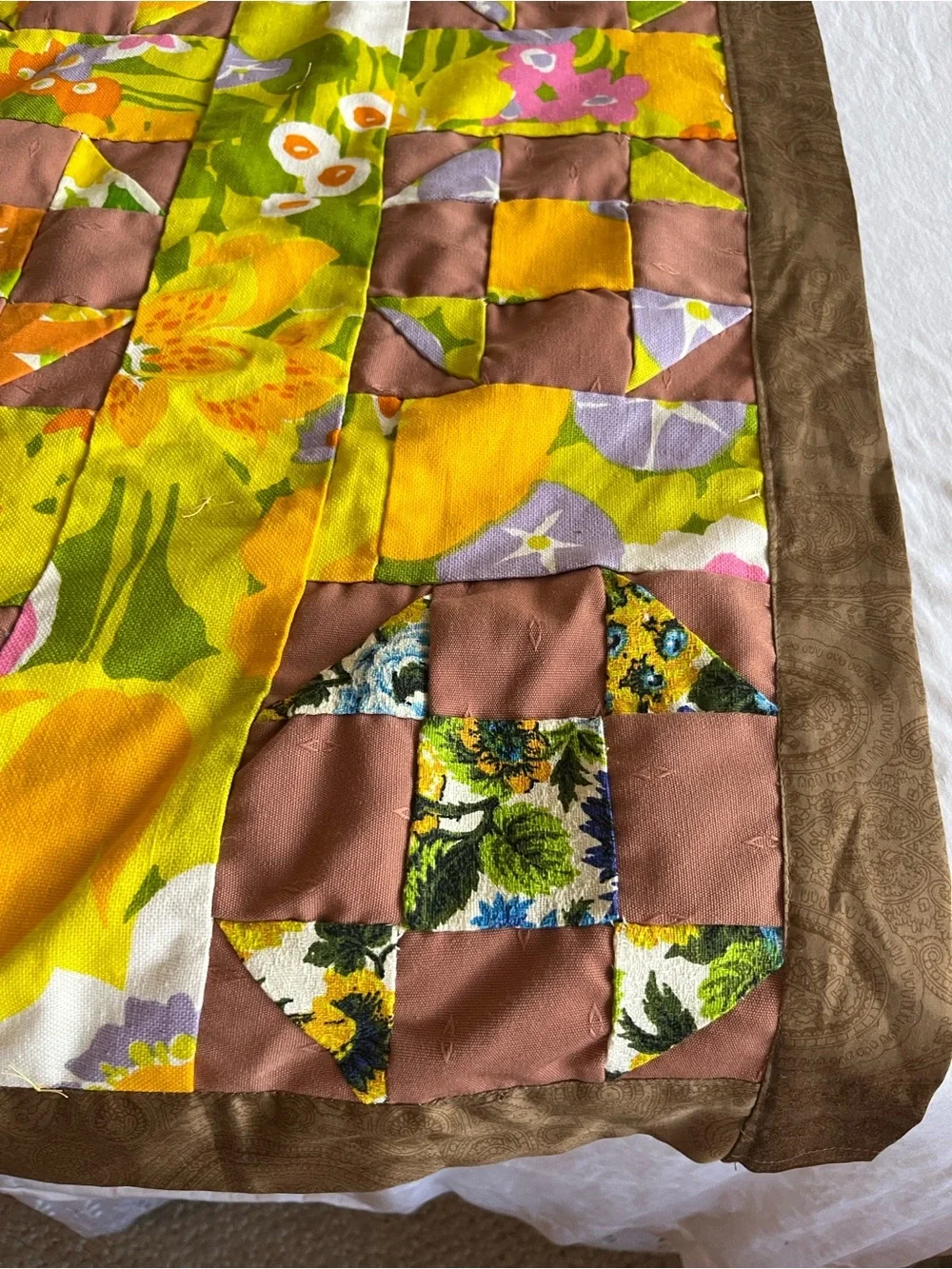 Vintage Vibrant Floral Patchwork Quilt Mid-Century Colors Yellow & Brown 64x80